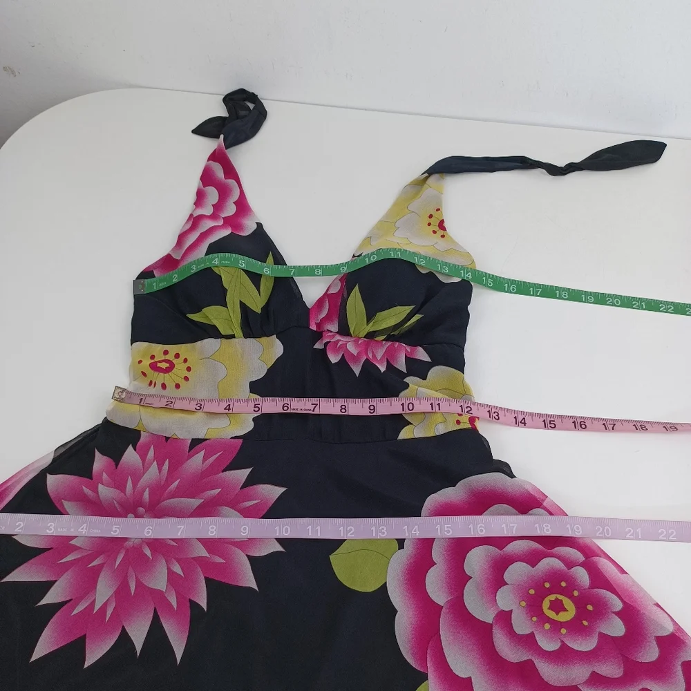 Cache Vintage Y2K Silk Floral Halter Dress Size 8 Women Lace Up Back Whimsical